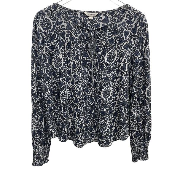 Lucky Brand Vine Print Peasant Top Wide Smocked Cuffs Size Large - Picture 1 of 9